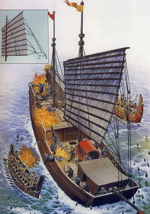 Морская боевая джонка династии Юань атакована вьетнамскими боевыми баркасами в устье Красной реки, 1288 г.