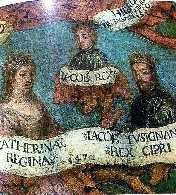 Катерина Корнаро, король Кипра Жак II, их сын Жак III. Фрагмент фамильного древа