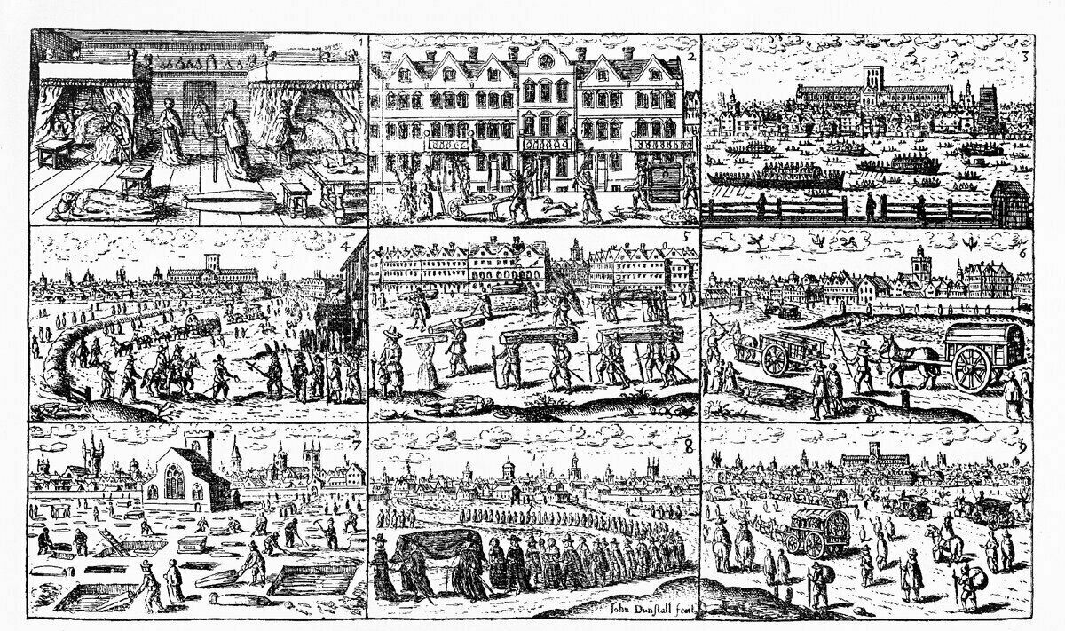 9 гравюр, изображающих Лондон во время чумы 1665 года.