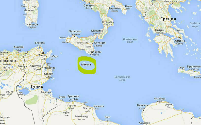 Остров Мальта на карте Средиземноморья