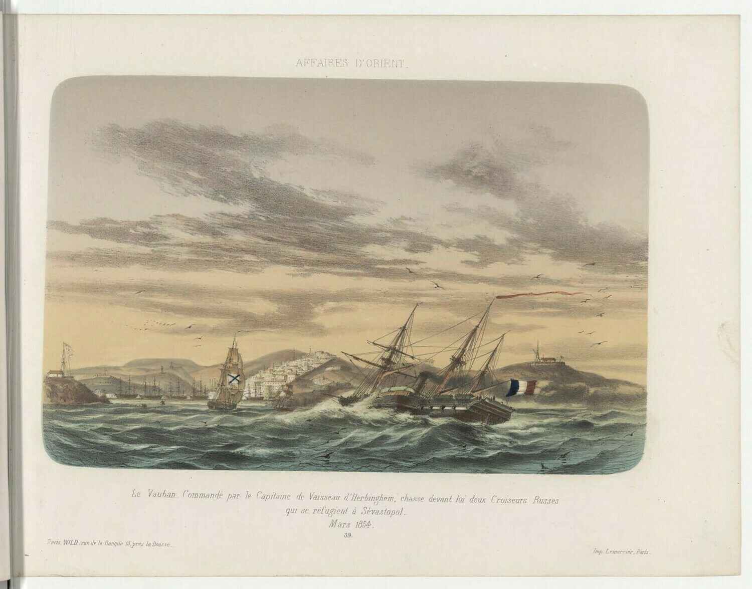 Французский пароход преследует два русских крейсера, укрывающихся в Севастополе.