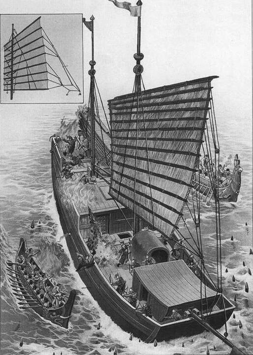 Морская боевая джонка династии Юань атакована вьетнамскими боевыми баркасами в устье Красной Реки, 1288 Г.