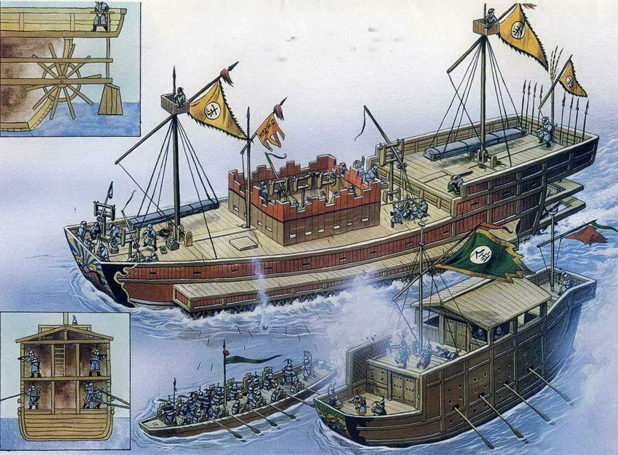 Колесные боевые корабли династии Южный Сун используют Громоподобные Бомбы для прорыва блокады Сянъяна