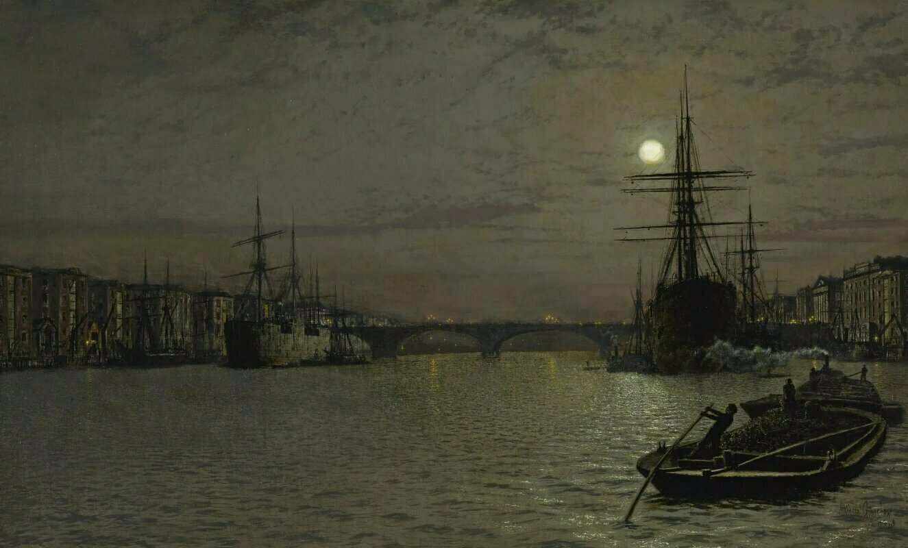 Джон Гримшоу. Лондонский мост и гавань ночью.