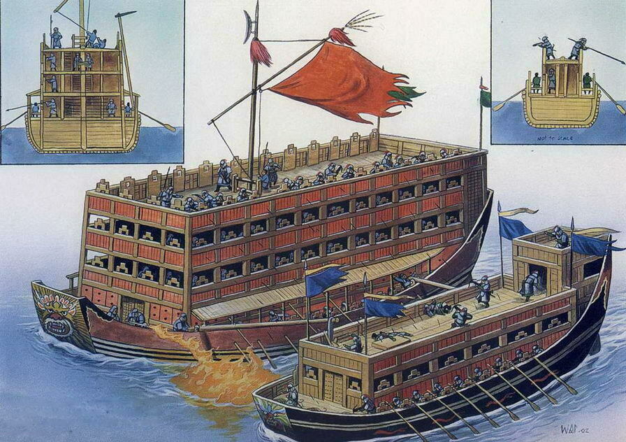 Башенный корабль династии Тан блокировал боевую джонку династии Сун ударным оружием и атакует ее греческим огнем, 975 Г.