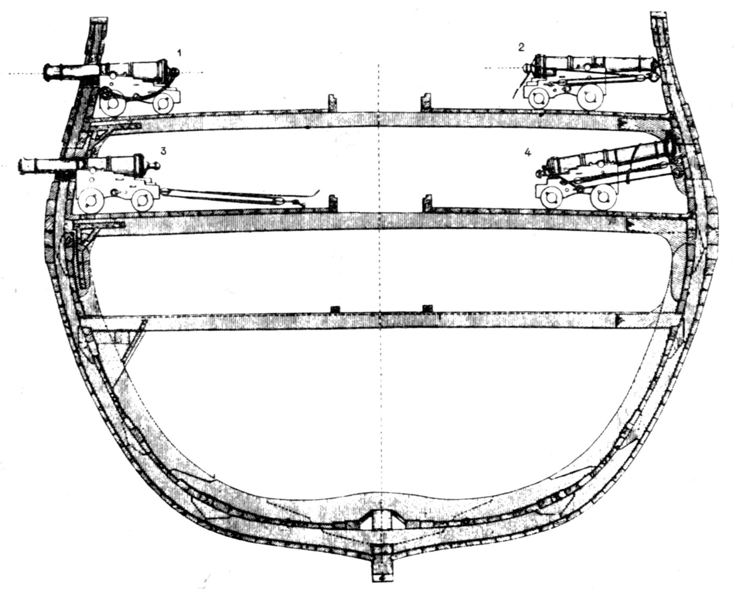 Орудия на англий­ском судне XVIII в. с двумя батарейными палубами.